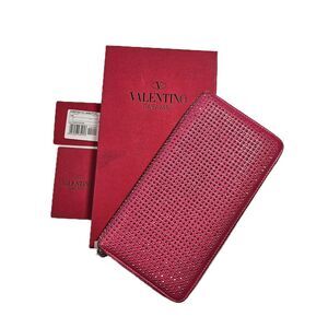 Valentino (Authentic) Hot Pink Leather Gold Studs Zippy Long Wallet w/ Box, VGUC